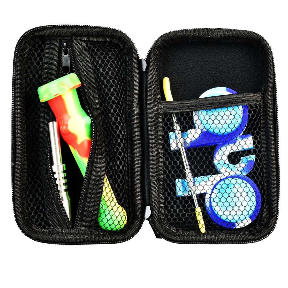 Open view of the Portable Silicone Dab Travel Kit displaying a colorful dab tool and glass orb within a black, zippered case.