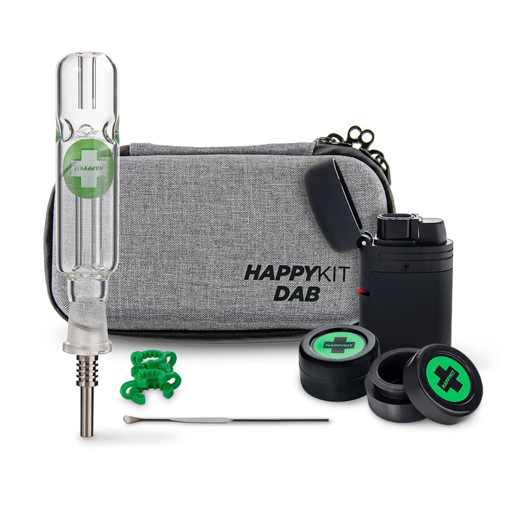 The Happy Dab Kit is shown in a close-up, featuring a metallic attachment and a green silicone tip against a dark background.