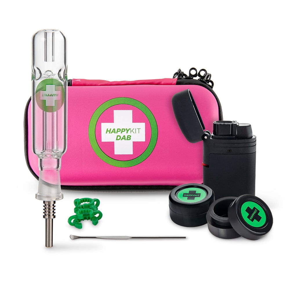 The Happy Dab Kit is displayed with a green silicone tip and a dark container, shown in a close-up, angled view.