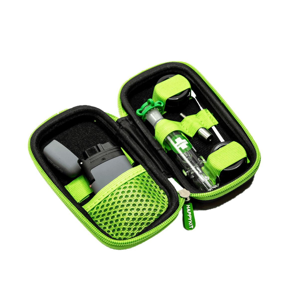 Open view of The Happy Dab Kit, showcasing its contents neatly arranged inside a black zippered carrying case.