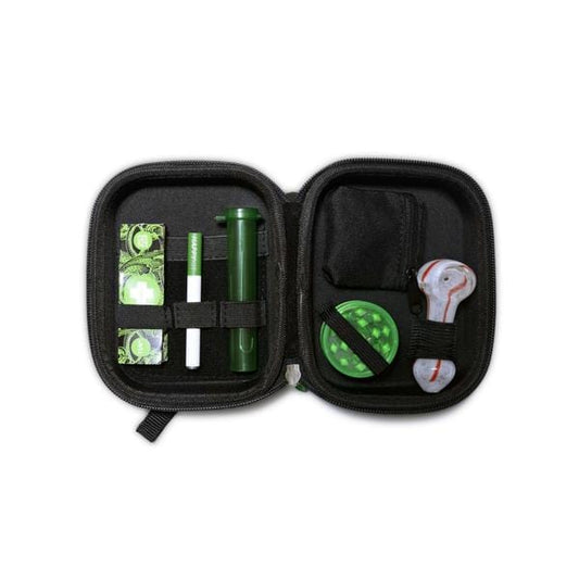 Open view of The Happy Kit, displaying a green pipe and accessories inside a black zippered pouch.