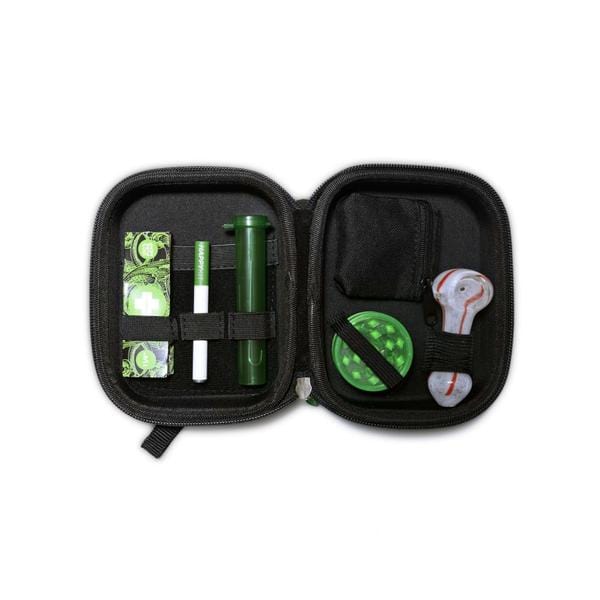 Open view of The Happy Kit, displaying a green pipe and accessories inside a black zippered pouch.