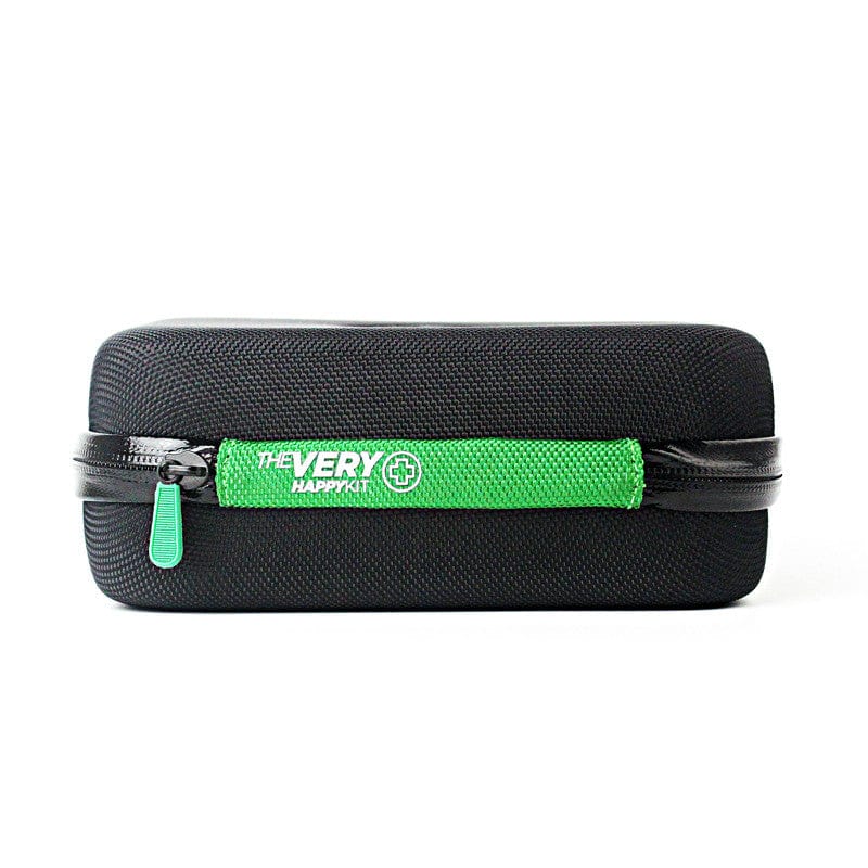 Front view of The Very Happy Kit, a closed, rectangular black case with a teal zipper pull.