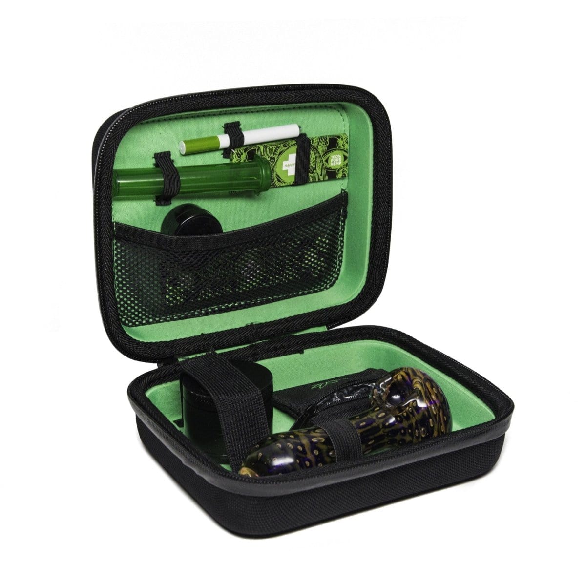 The Very Happy Kit is displayed open, revealing its contents inside a black zippered carrying case.