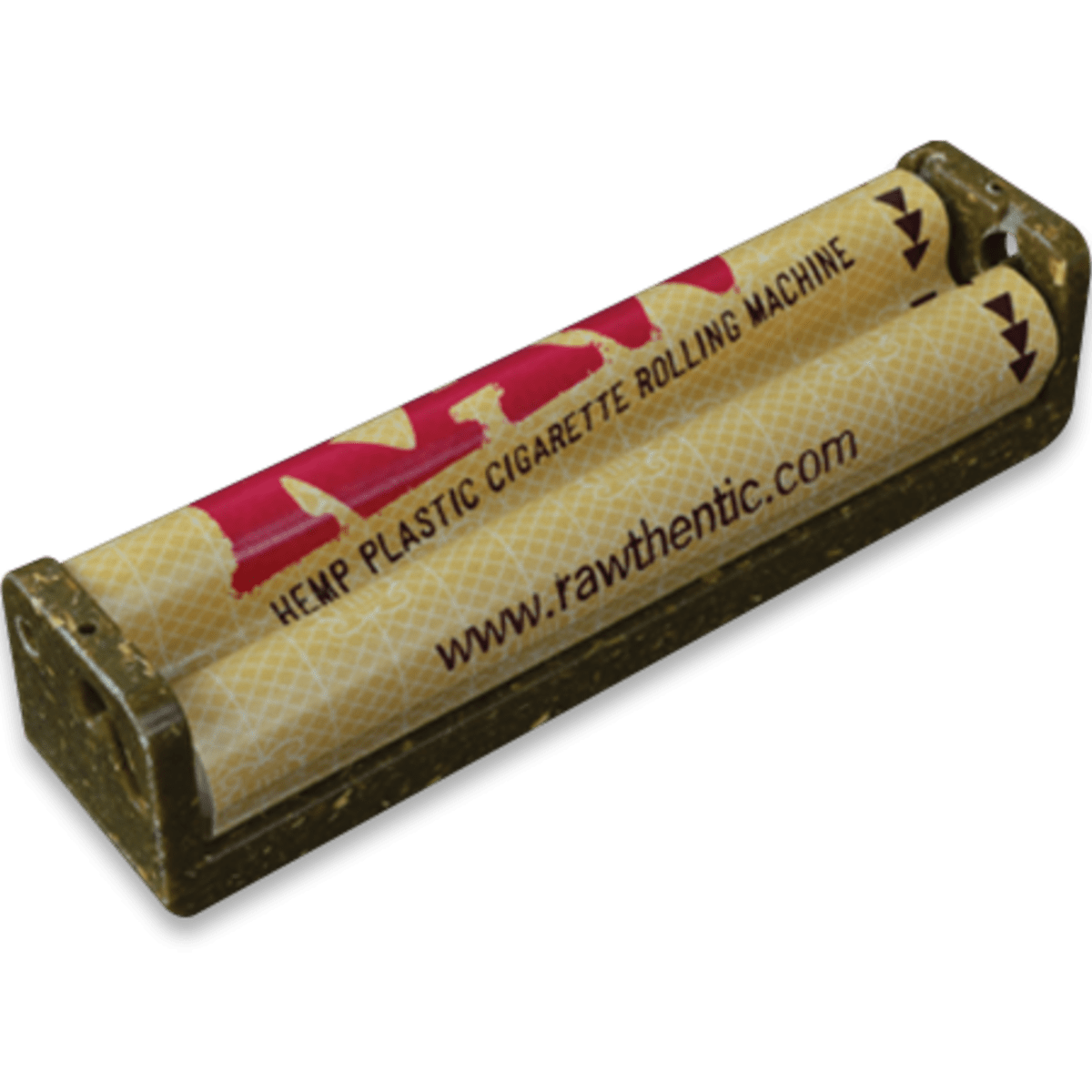 A close-up view of the RAW Rolling Machine with a plastic, dark-colored body.