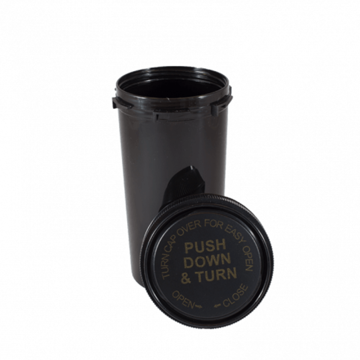 Front view of the Dram Stasher Tube, a black, cylindrical container with a screw-on lid.