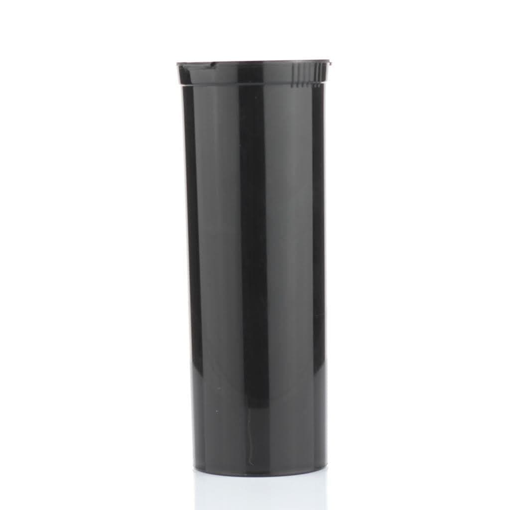 Front view of the Dram Stasher Tube, a black container with a sleek, cylindrical design and reflective surface.