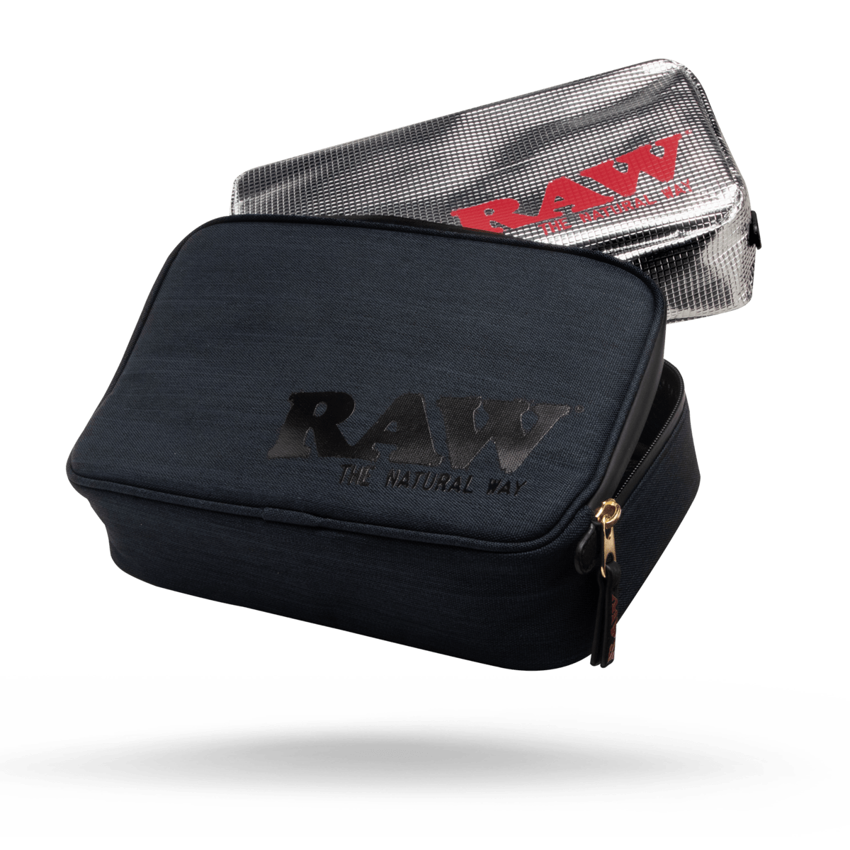 A slightly angled view of the RAW Smokers Pouch V2| a silver, zippered pouch with visible branding details.