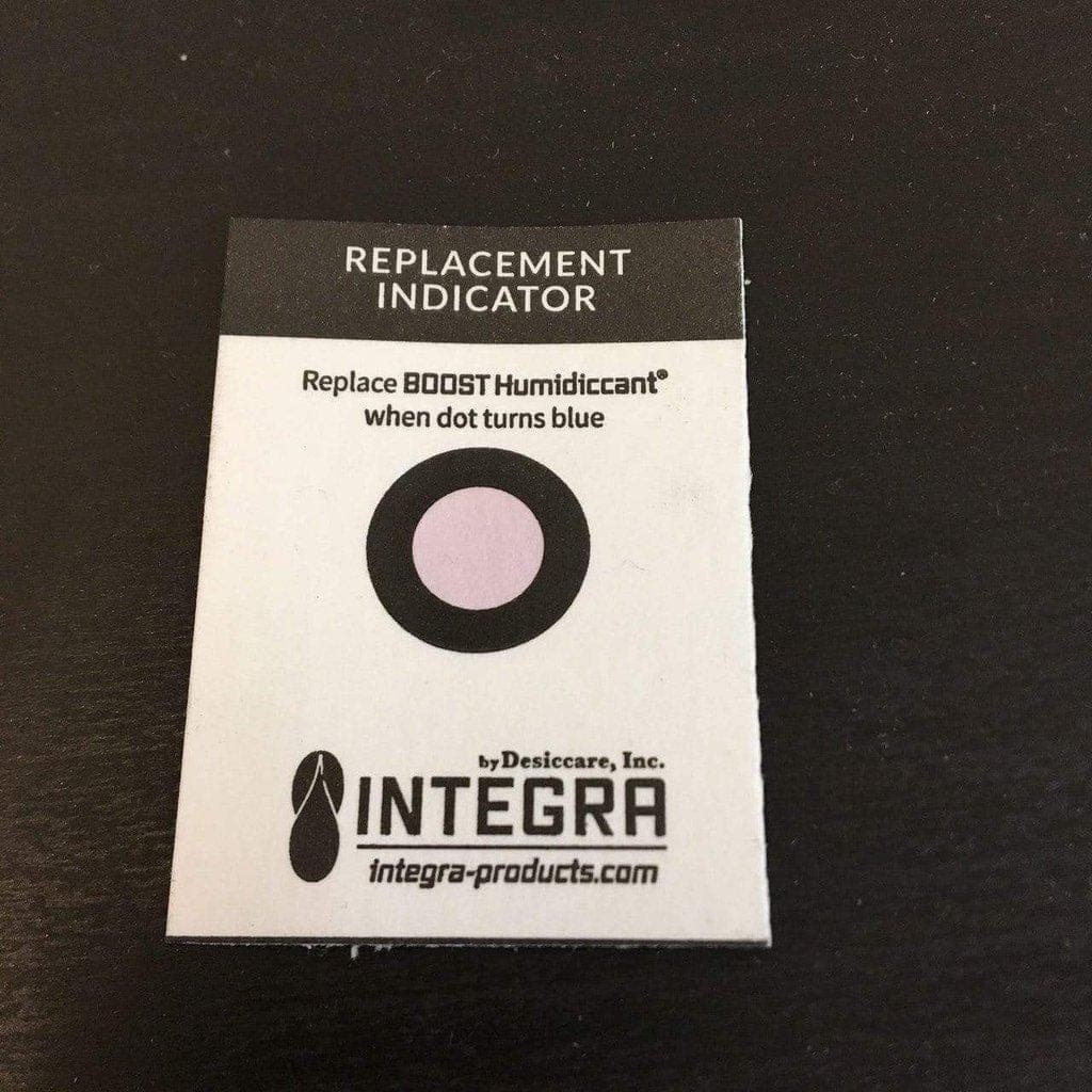 Close-up of the Integra Boost Humidity Controller 4 Pack, displaying text on a white background.
