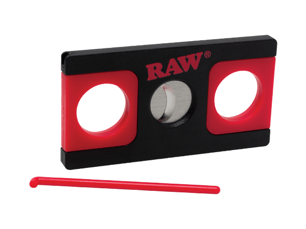 A close-up shows the black and red RAW Cone Cutter, positioned at a slight angle against a plain white background.