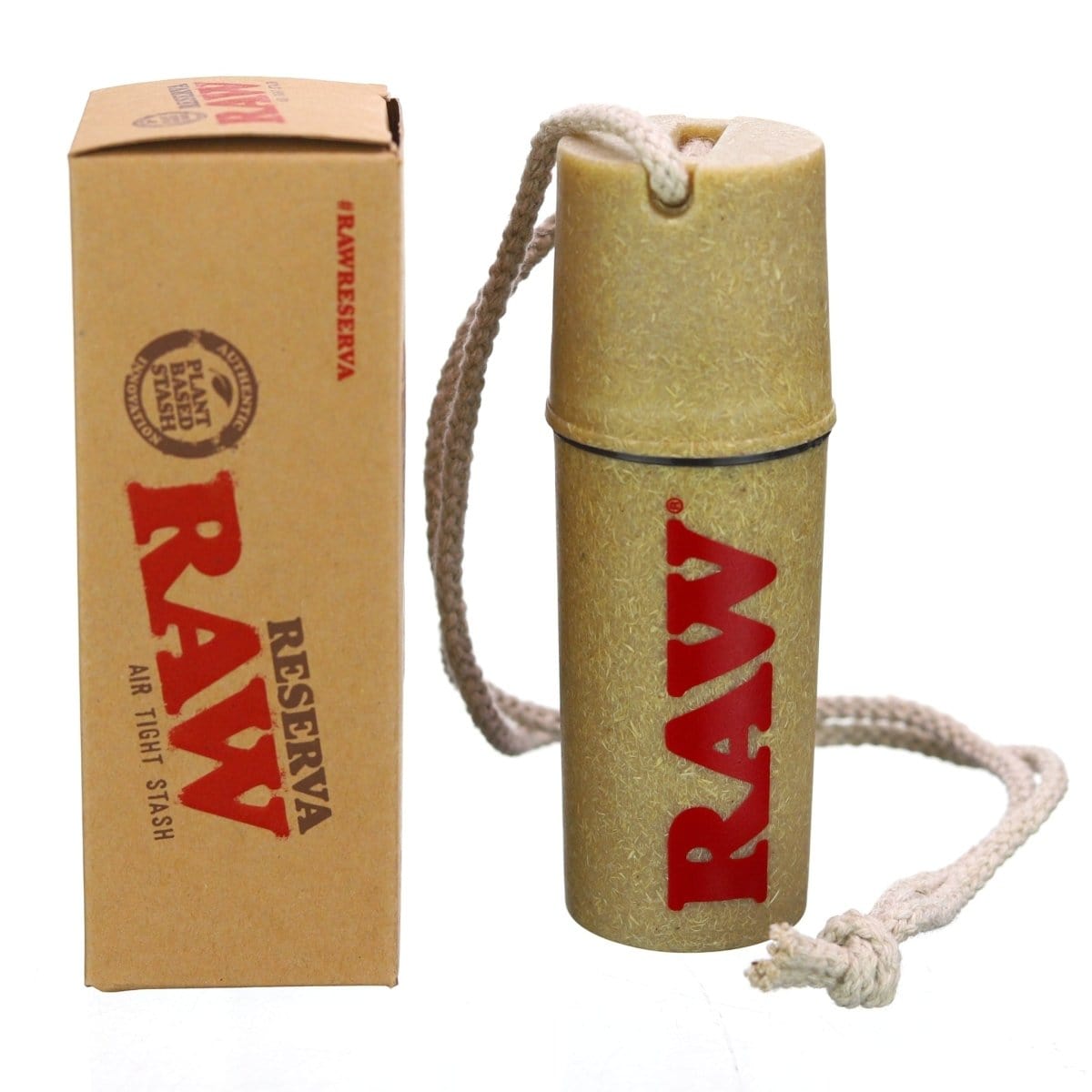 Close-up of the RAW Reserva Air Tight Stash, featuring a brown drawstring pouch with visible branding against a plain background.