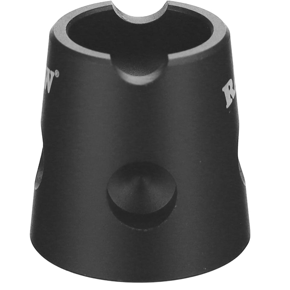 Close-up of the black RAW Snuffer Smoke Extinguisher, angled to show its simple, cylindrical shape.
