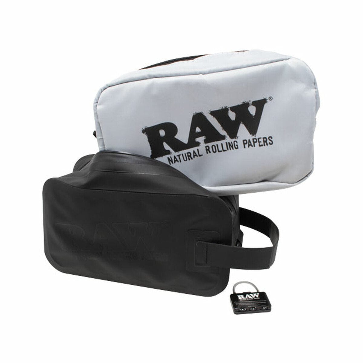 Front view of the RAW x RYOT DOPP Kit, a black zippered pouch with the RAW logo prominently displayed on the front.