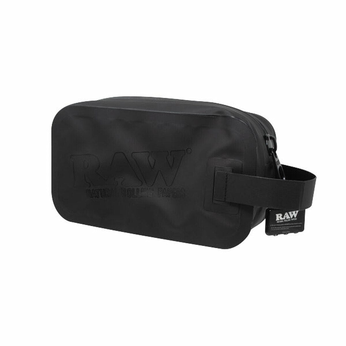 A slightly angled shot of the closed RAW x RYOT DOPP Kit, a dark-colored pouch with a zipper on a plain white background.
