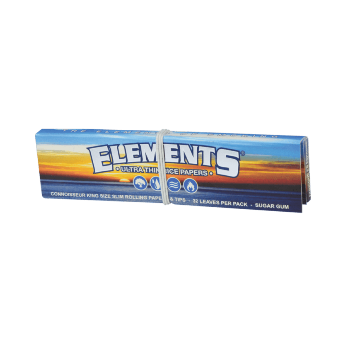 A close-up of the Elements Connoisseur King Size Slim + Tips packaging, showing the product's branding and colorful design.