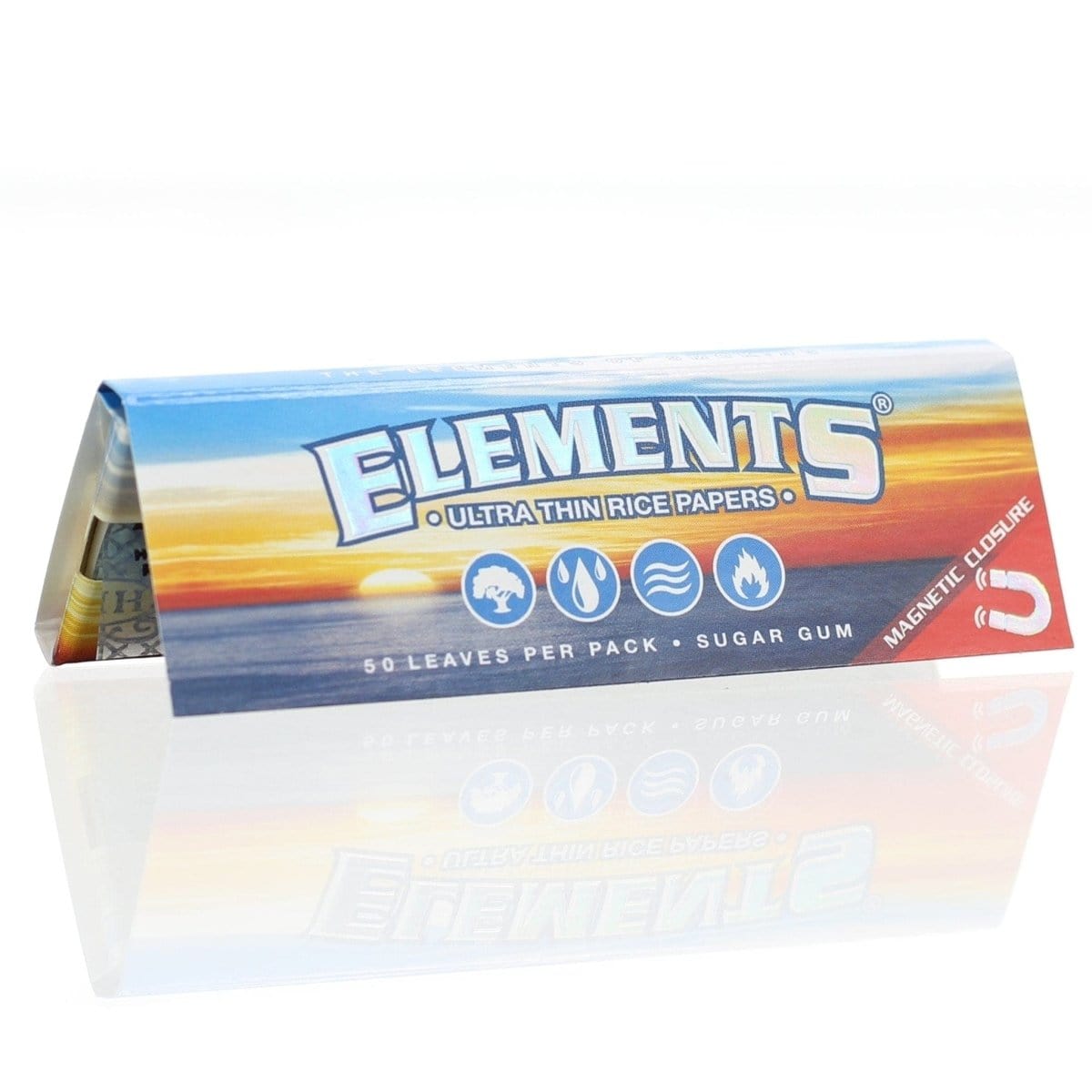 Close-up of an Elements 1 1/4 Paper pack, displaying the brand logo against a colorful, patterned background.