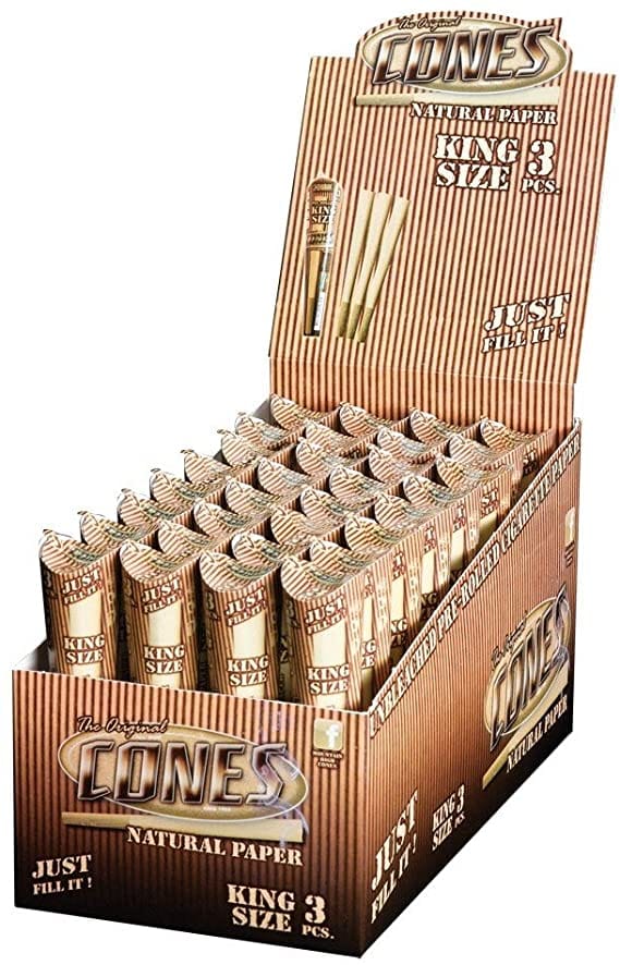 Front view of The Original Cones Pre Rolled Cones, displayed in branded packaging with a close-up of the rolled paper texture.