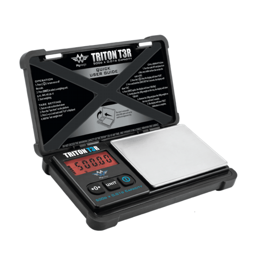 A close-up, angled view of the My Weigh Triton 3 Scale displaying calibration instructions on its digital screen.