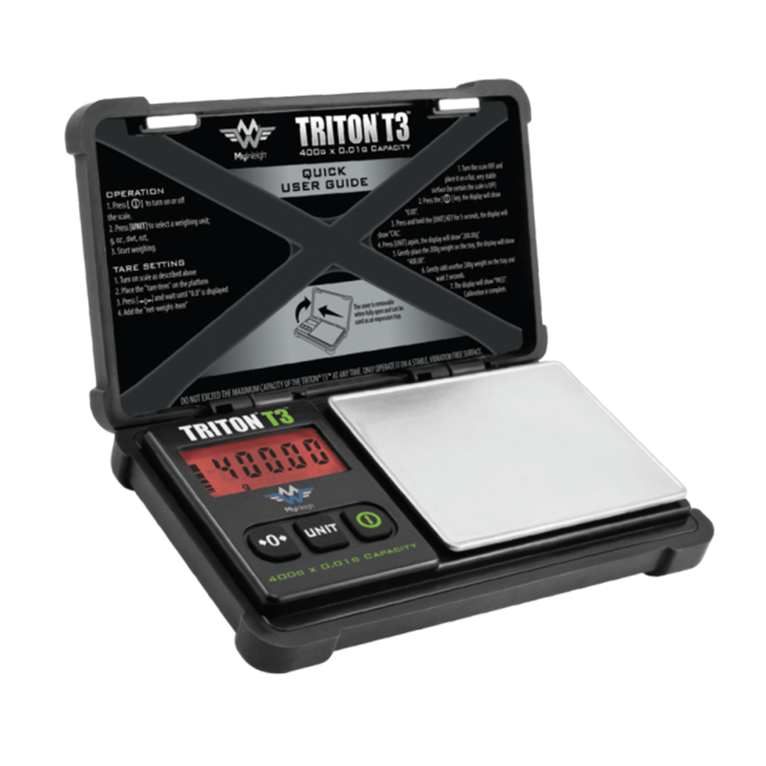 Front view of the My Weigh Triton 3 Scale, displaying the open lid and digital readout against a dark background.