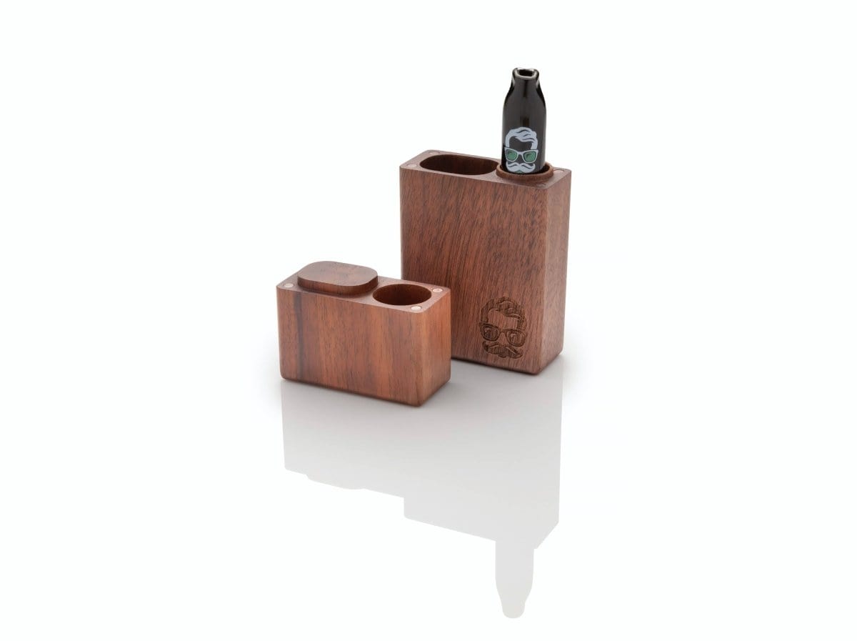 A high-angle view of the Franklin Dugout with One Hitter, showcasing its rectangular wooden design and clean lines on a reflective surface.