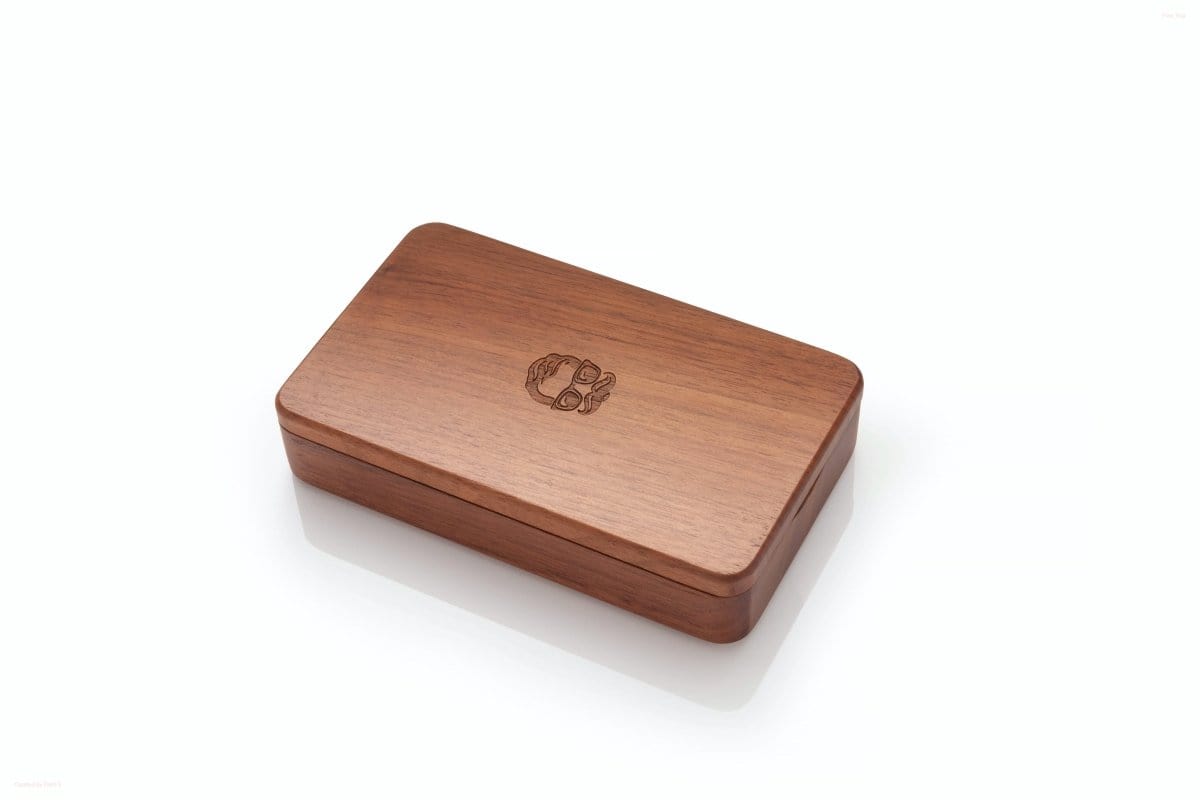 Front view of the Oakleaf Mini Case Stash Box with Glass One Hitter, showing the wooden box on a plain white surface.