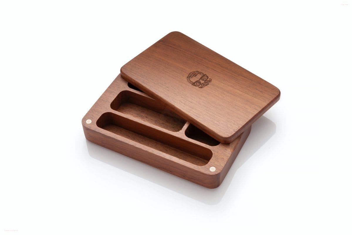 Top-down view of the Oakleaf Mini Case Stash Box with Glass One Hitter, showing its closed wooden lid and rectangular form.