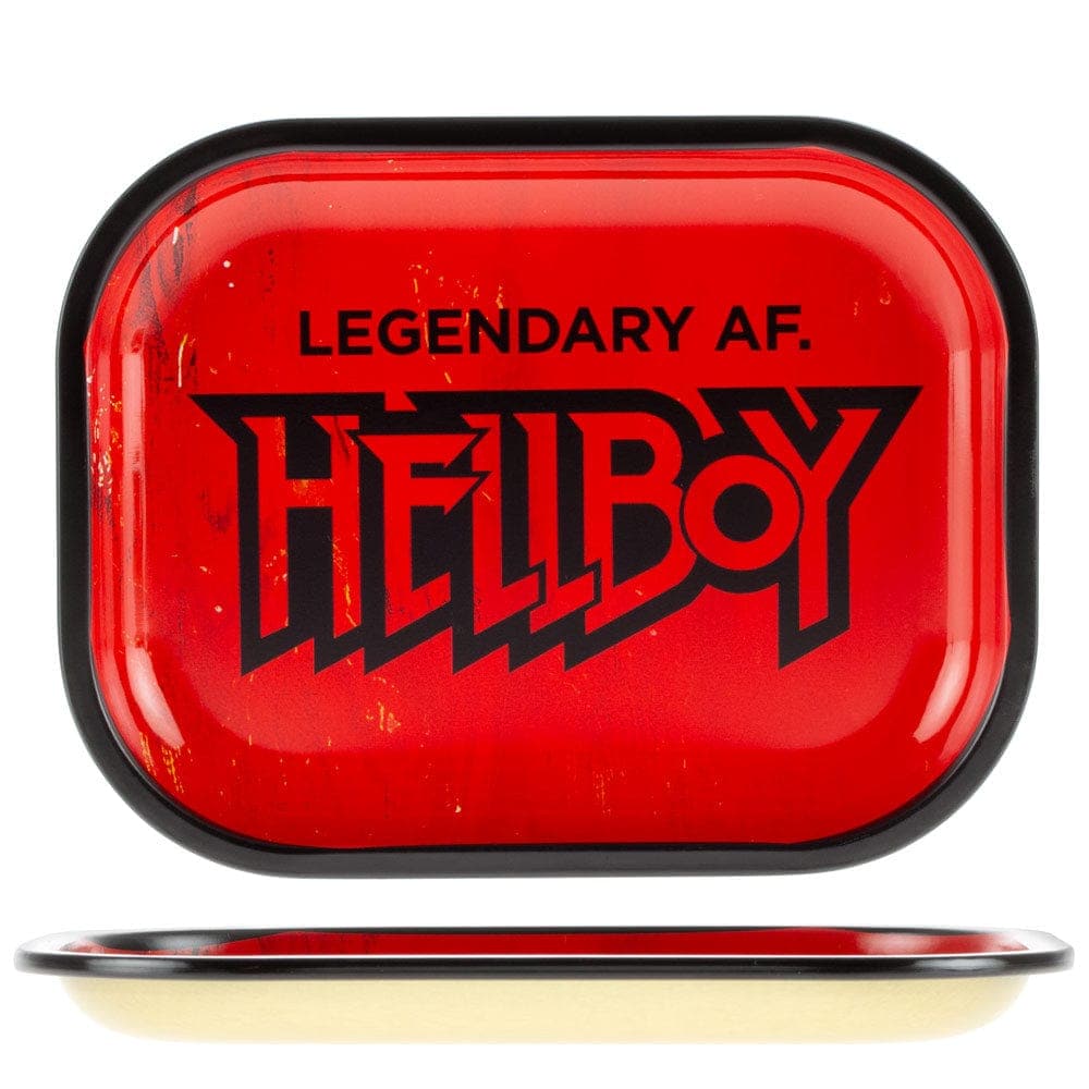 Front view of the Legendary Rolling Tray, showcasing a bold graphic design on a sleek, dark surface.