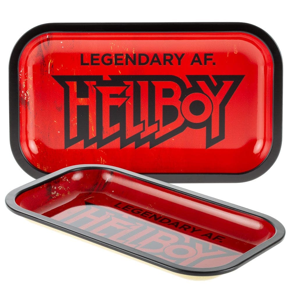 Overhead view of the Legendary Rolling Tray, a rectangular metal tray with a glossy finish.