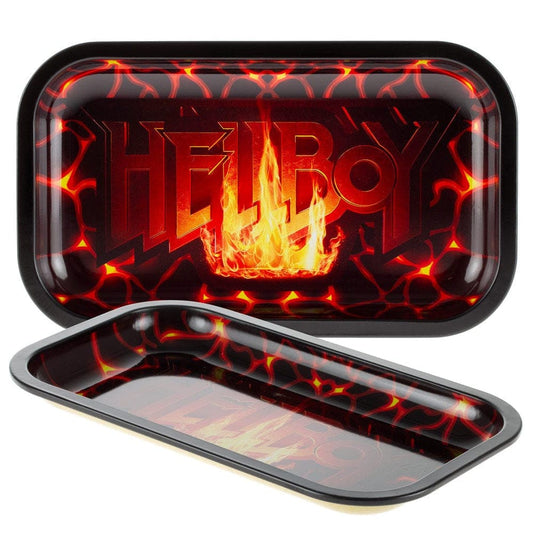 An overhead view of the Inferno Rolling Tray displaying a fiery design on a metallic surface.