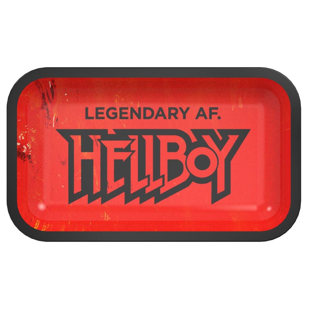 Front view of the Legendary Rolling Tray, a red rectangular tray with white text, viewed at a slight angle.