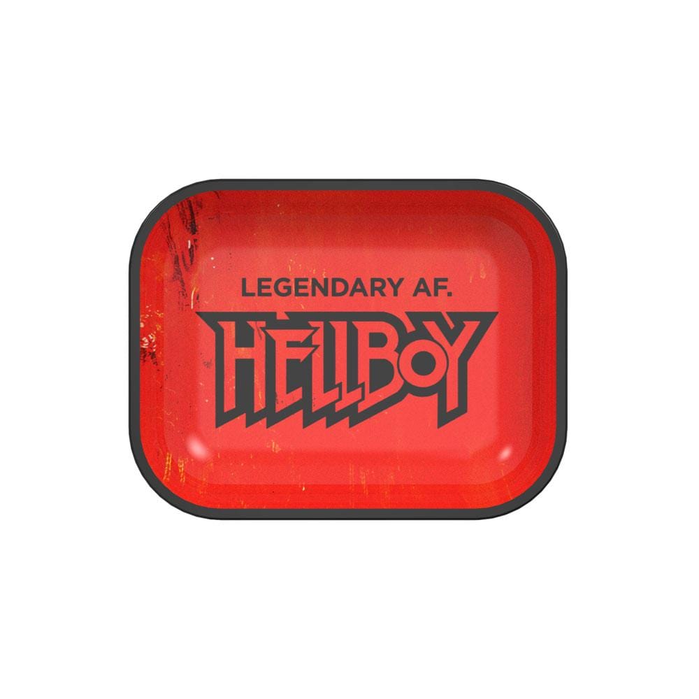 Front view of the Legendary Rolling Tray featuring a vibrant, angled text design on a dark background.