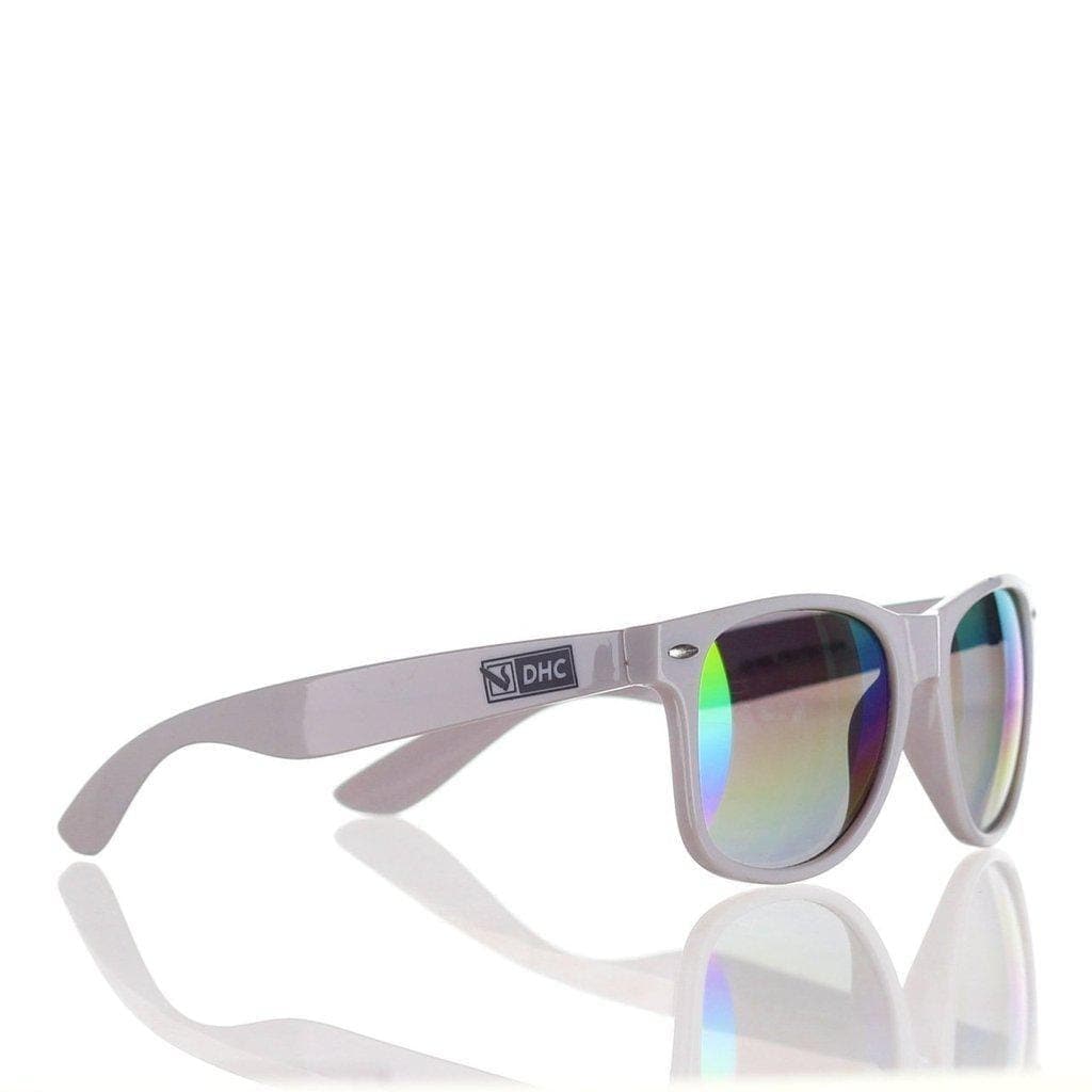 A slightly angled studio shot of the Daily High Club x Smoker Shades Sunglasses, reflecting light on a glossy surface.