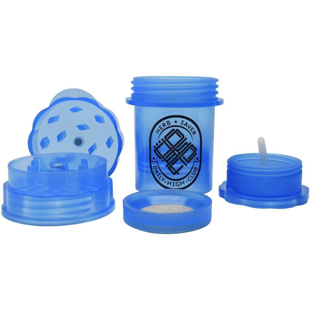 Front view of the Daily High Club x Herbsaver Grinder, a silver metal grinder with a textured surface against a plain white background.