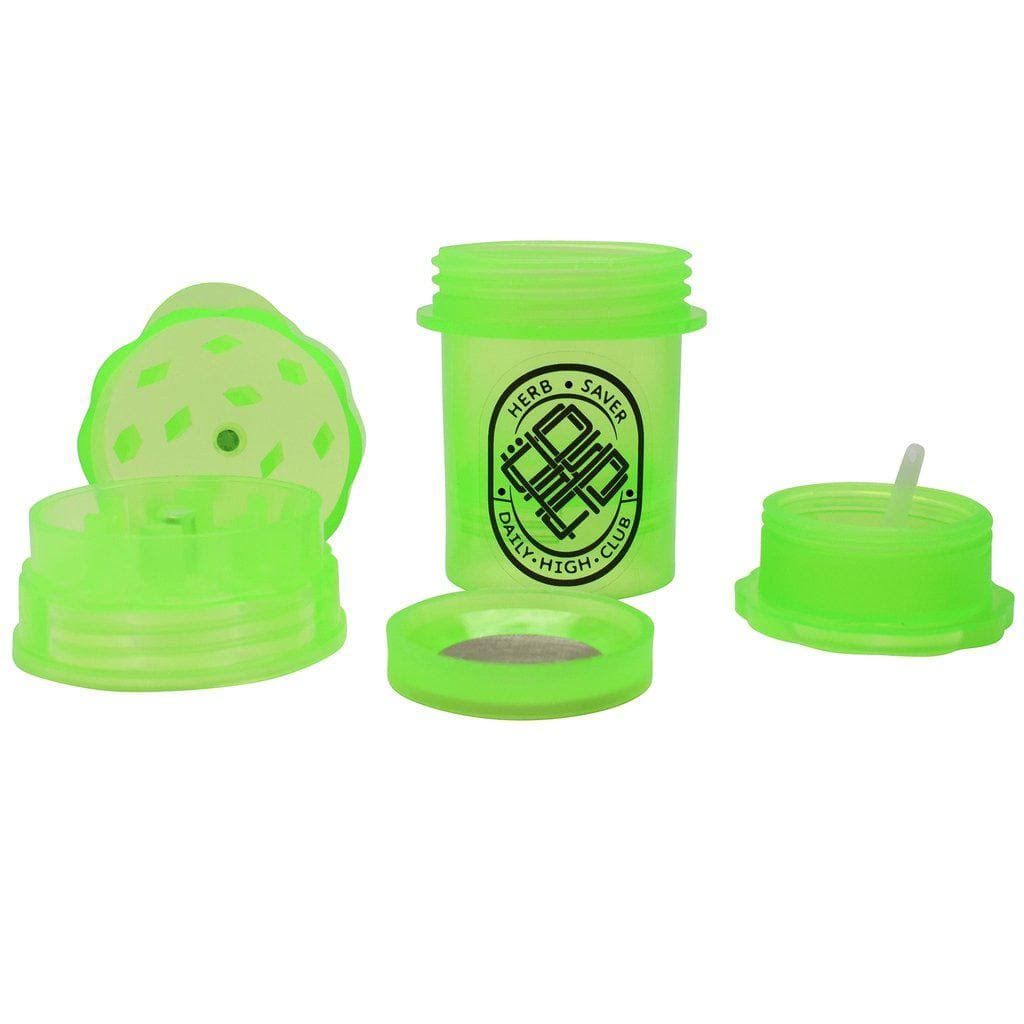 Overhead shot of the Daily High Club x Herbsaver Grinder, showcasing two green grinders side-by-side on a white surface.