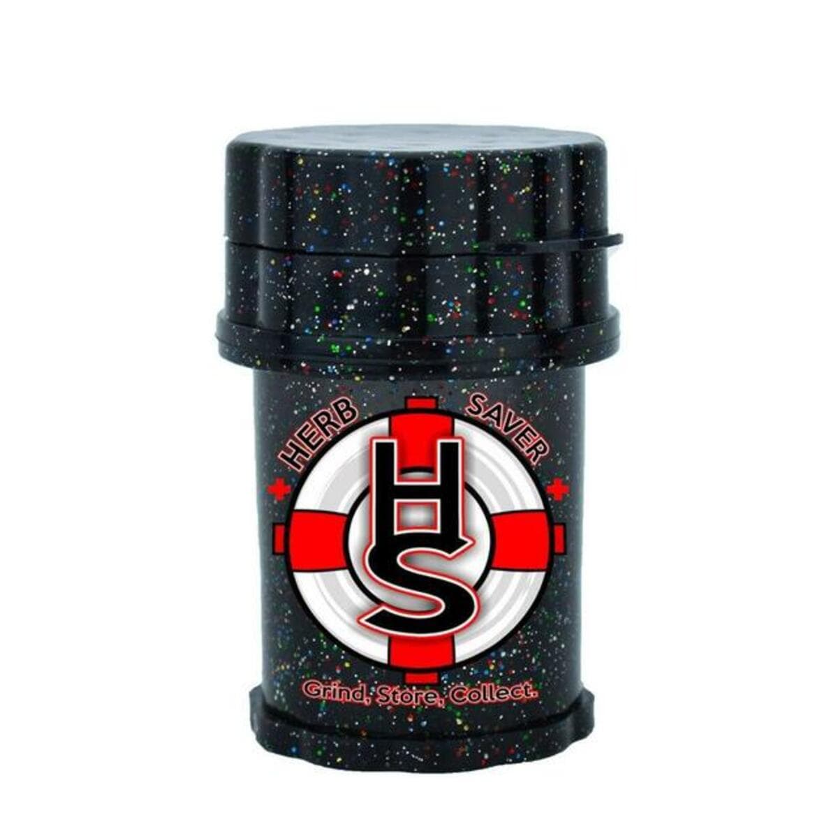 Front view of the Mini Daily High Club x Herbsaver Grinder, a small, silver grinder with a textured surface.