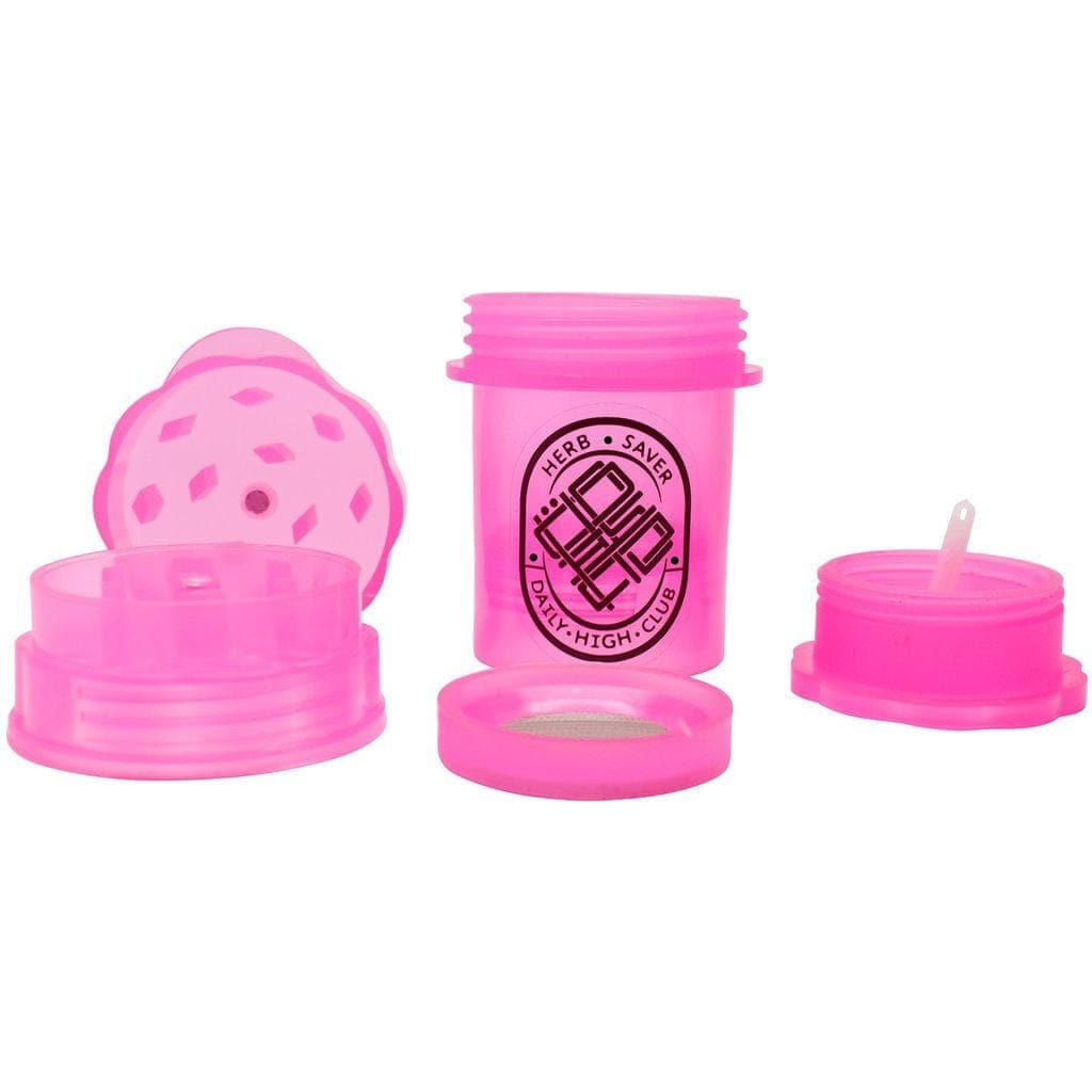 Front view of the Daily High Club x Herbsaver Grinder, a silver, multi-piece grinder on a plain white background.