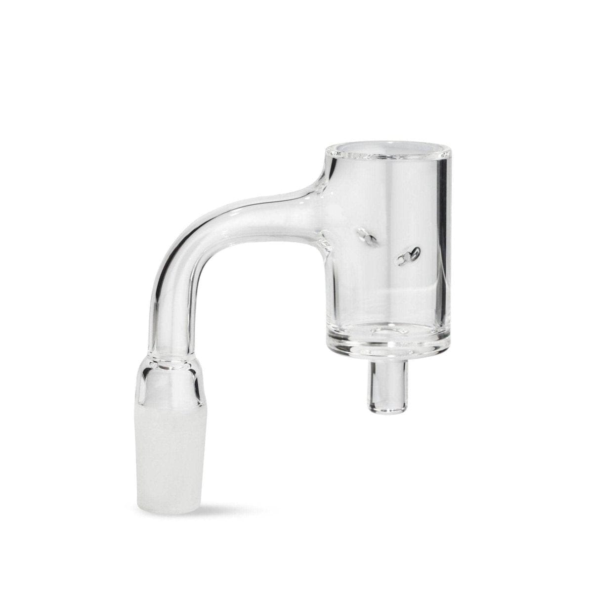 Side-profile of the clear 25mm Auto Spinner Quartz E-Banger showing its arced neck and cylindrical banger cup against a white background