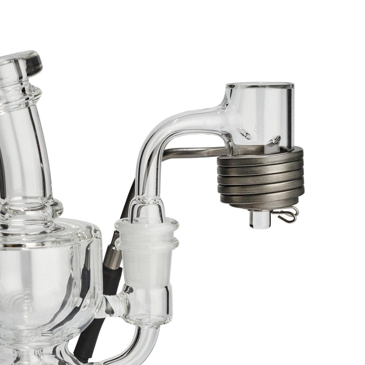 Right-side close-up of a glass joint and 25mm Auto Spinner Quartz E-Banger attached to a clear water pipe, shown against a white background.