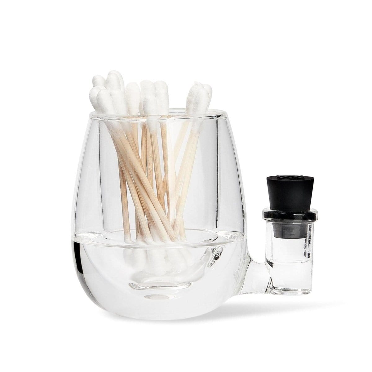 A clear glass ISO Station is shown at a slight angle, containing multiple white cotton swabs.