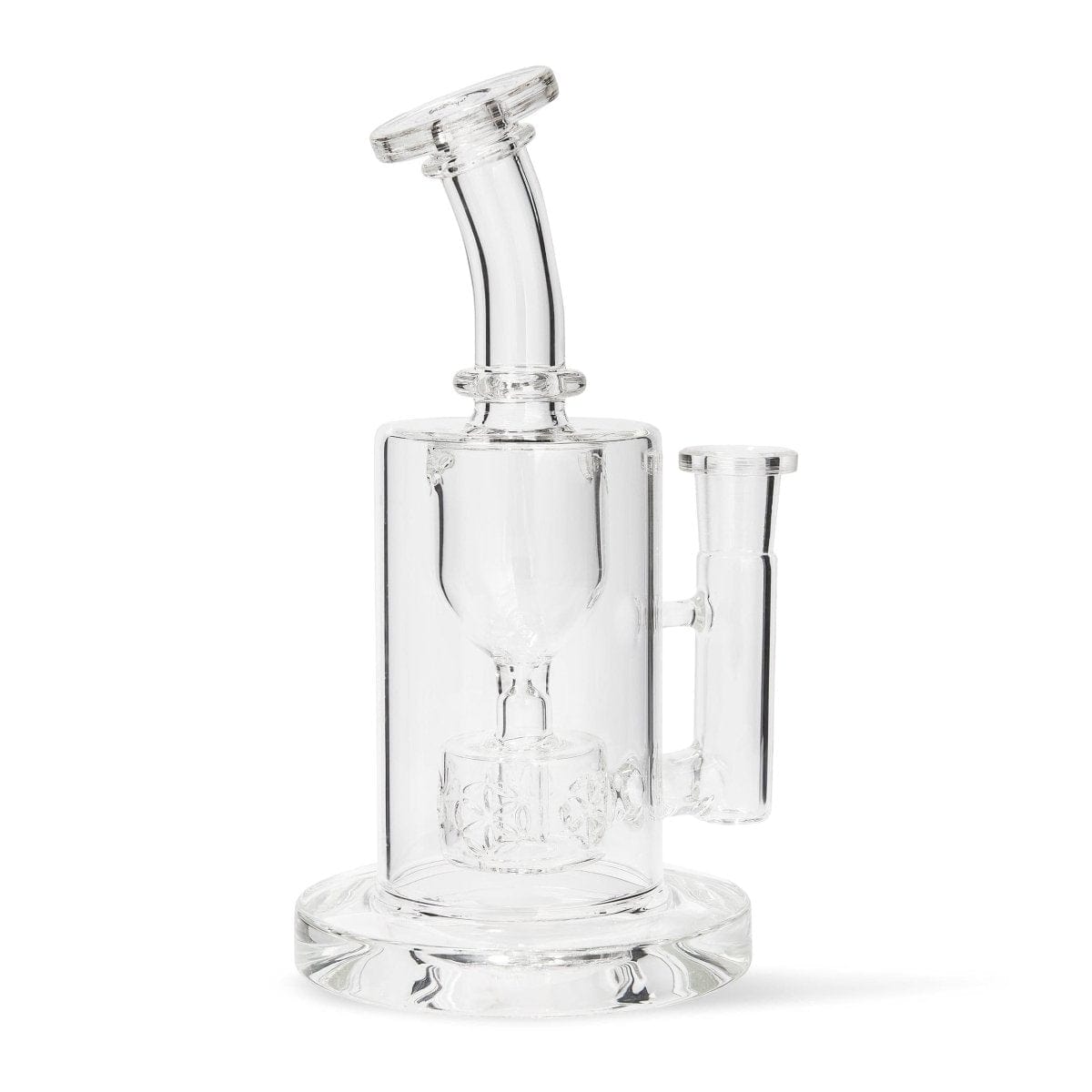 Front three-quarter view of the clear Torus glass piece showing its cylindrical chamber, angled neck, side tube handle, and internal percolator.