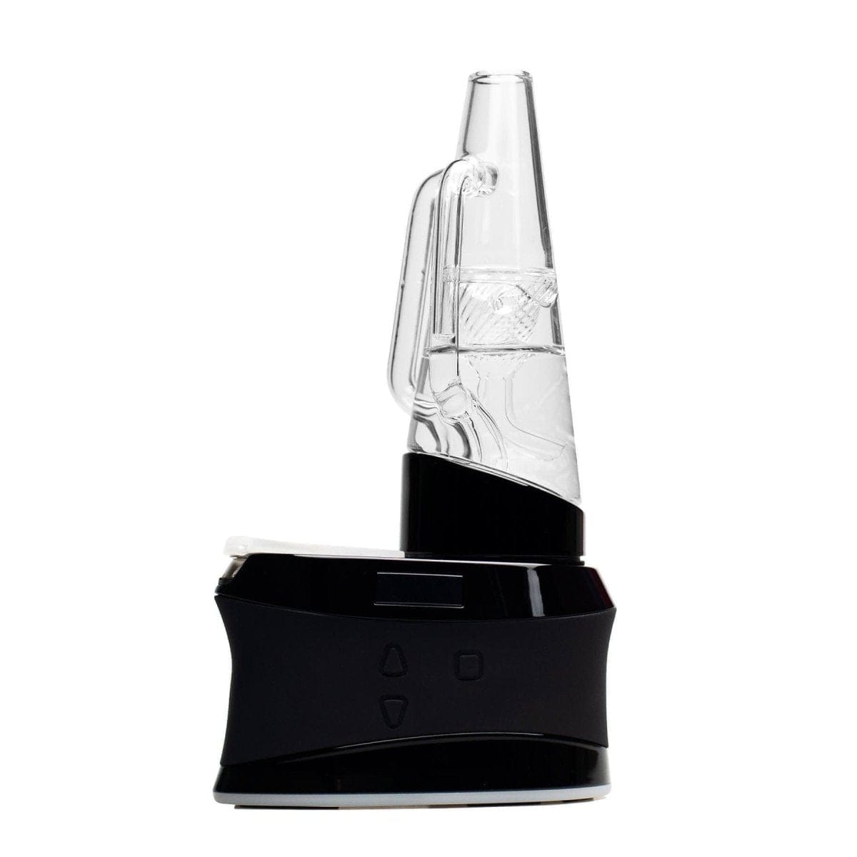 A close-up, angled view of the Puffco Peak & Peak Pro Mouthpiece Adapter, showcasing its clear glass construction.