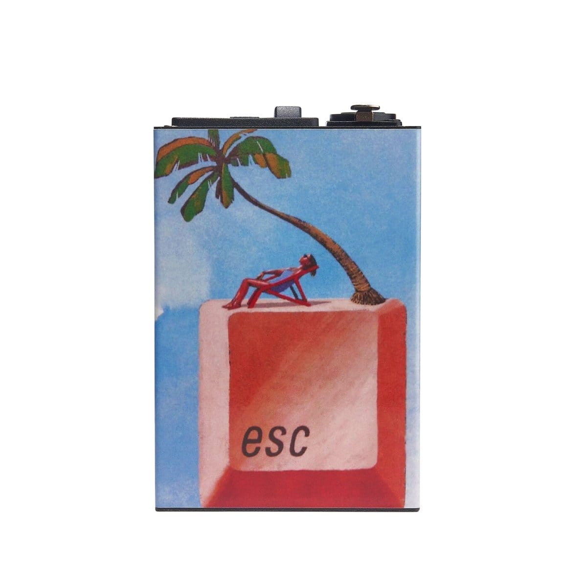 Front-facing view of the LCD E-Nail Titanium Nail Kit showing artwork of a palm tree and a reclining figure atop a large red "esc" key against a soft blue sky background.