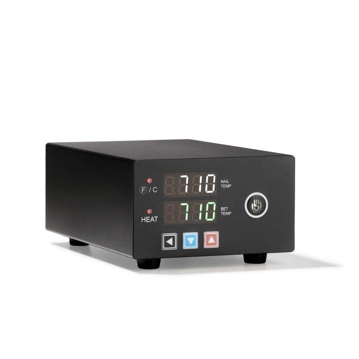 Front view of the Micro E-Nail with Heater Coil, displaying a digital temperature reading on its black casing.