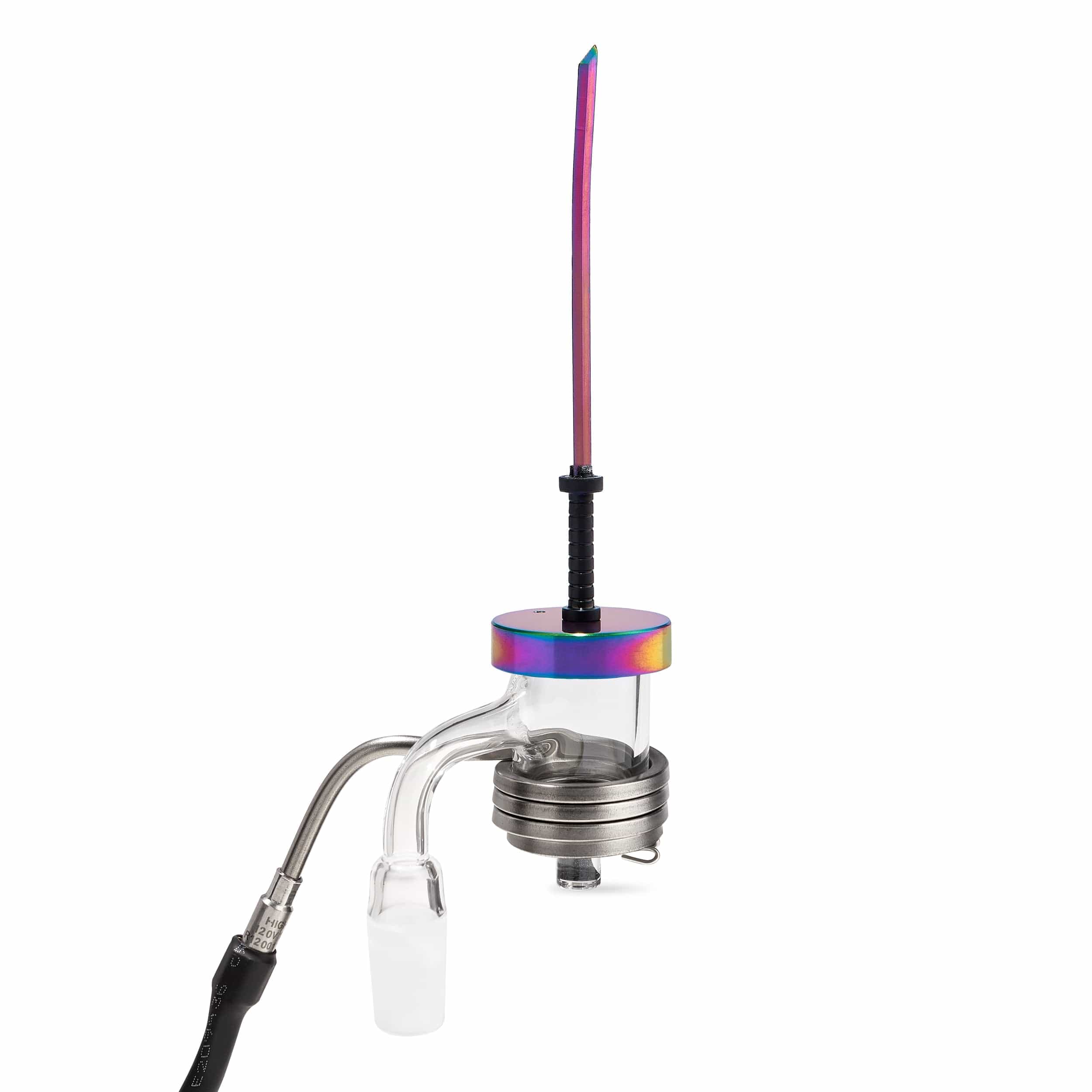 A studio shot of the Chromatic Katana Carb Cap with a colorful, reflective design positioned above a glass attachment.