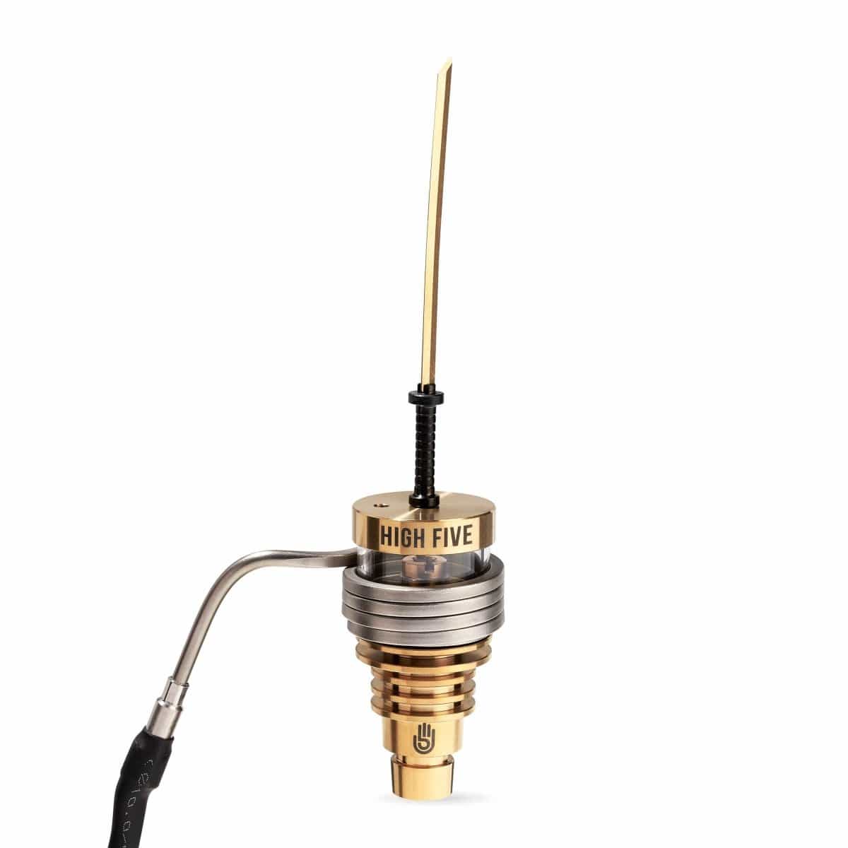 Close-up of the Gold Katana Carb Cap, showcasing its metallic finish and streamlined design against a dark background.