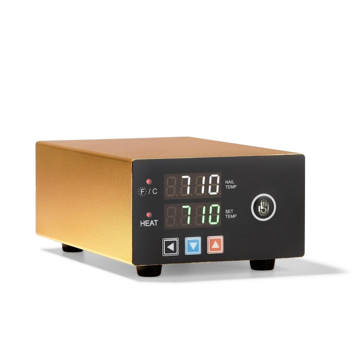 Front view of the Micro E-Nail with Heater Coil displaying a digital temperature readout on its control panel.