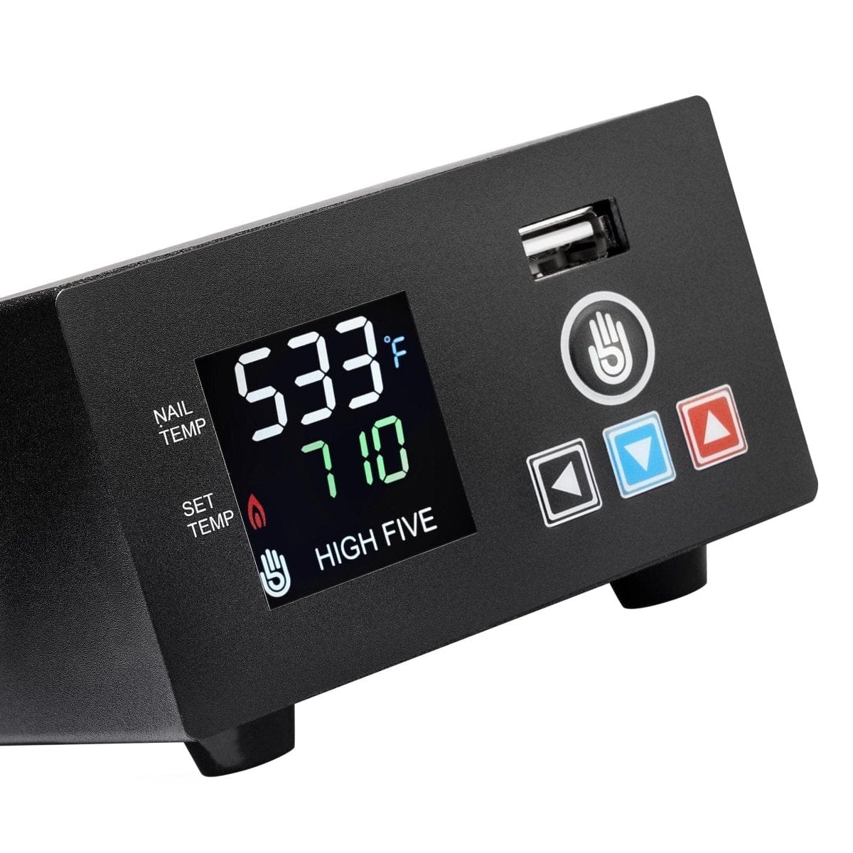 Close-up front view of the LCD E-Nail Hybrid Nail Kit displaying a digital temperature reading of 533°F on its control panel.