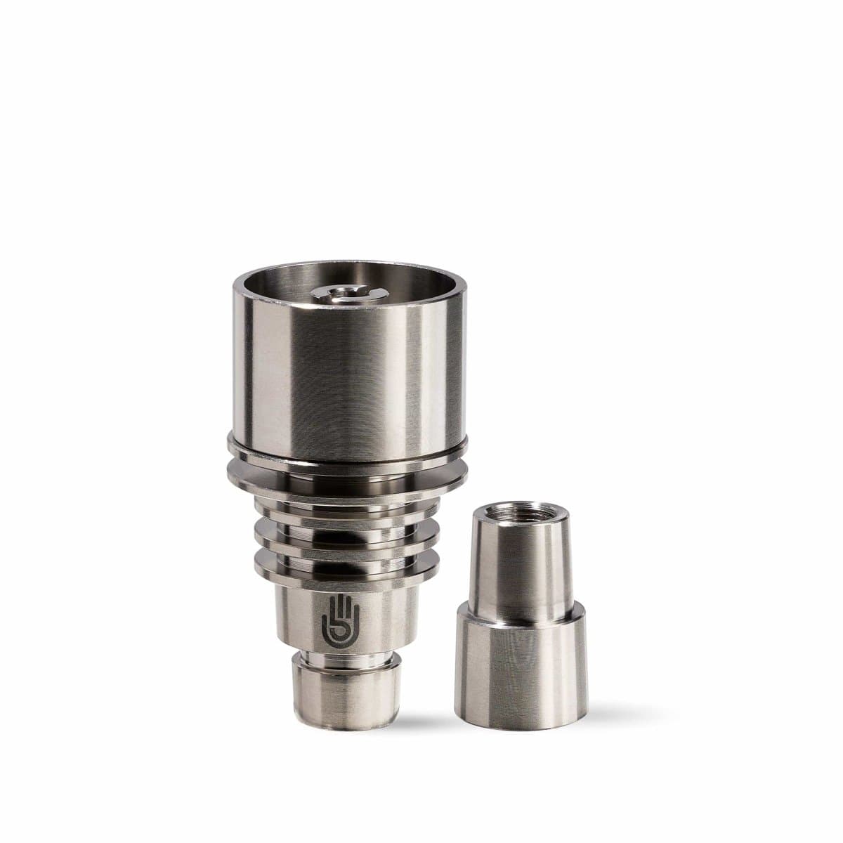 Close-up of the LCD E-Nail Hybrid Nail Kit, showing the silver-toned, threaded nail piece from a slightly angled front view.