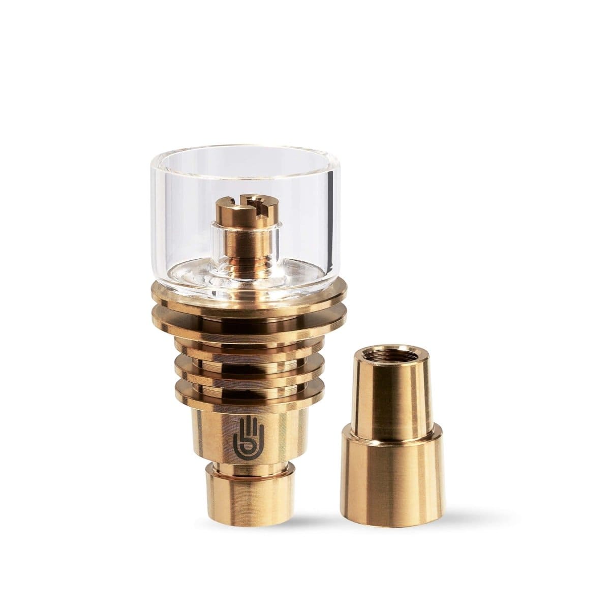 Close-up view of the LCD E-Nail Hybrid Nail Kit, showing a metallic, textured nail with a glass tip angled against a neutral background.