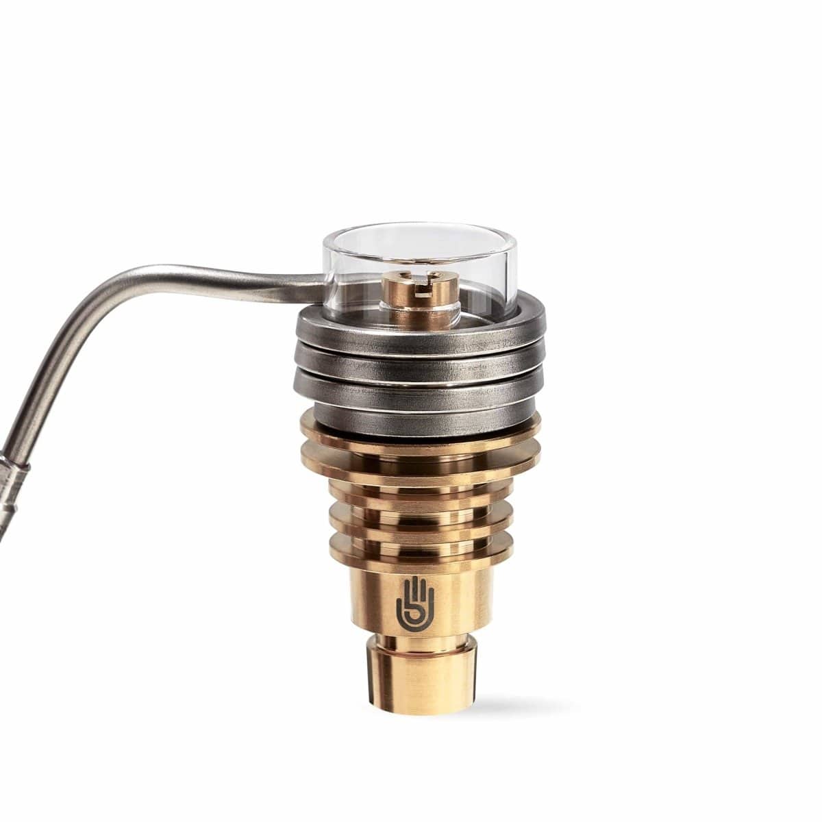 Close-up view of the LCD E-Nail Hybrid Nail Kit, featuring a metallic, angled nail with a clear glass insert.